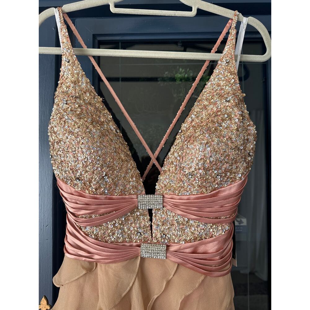 NWT Terani Couture Silk Beaded Ruffled Rhinestone cocktail dress nude pink sz 12 - Picture 5 of 8